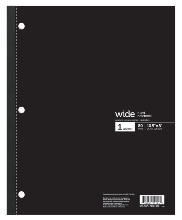 slide 5 of 7, Office Depot Brand Wireless Notebook, 8 1/2'' X 10 1/2'', 3-Hole Punched, 1 Subject, Wide Ruled, 80 Sheets, Assorted Colors, 80 ct