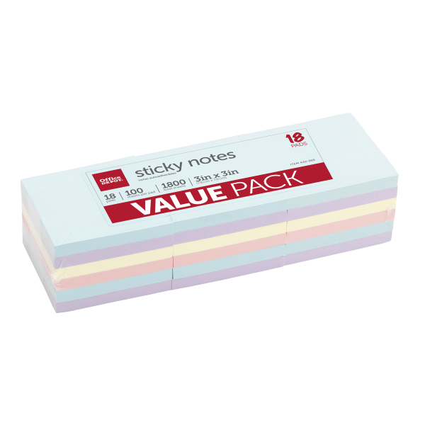 slide 2 of 3, Office Depot Brand Sticky Notes Value Pack, 3'' X 3'', Assorted Pastel Colors, 100 Sheets Per Pad, Pack Of 18, 18 ct