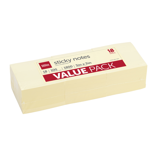 slide 2 of 2, Office Depot Brand Sticky Notes Value Pack, 3'' X 3'', Yellow, 100 Sheets Per Pad, Pack Of 18, 18 ct