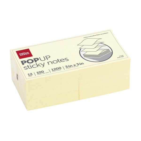 slide 2 of 3, Office Depot Brand Pop Up Sticky Notes Yellow, 12 pk; 100 ct; 3 in x 3 in