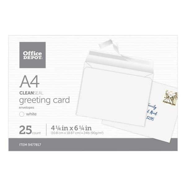 slide 3 of 5, Office Depot Brand Clean Seal Greeting Card Envelopes, A4, 4-1/4&Rdquo; X 6-1/4&Rdquo;, White, Box Of 25 Envelopes, 25 ct