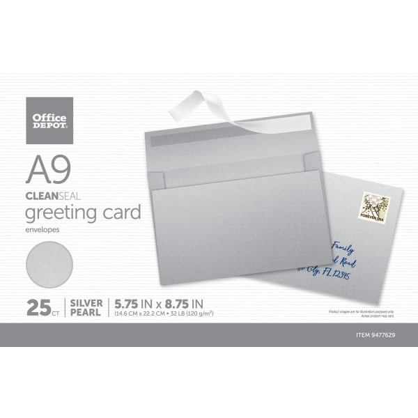 slide 3 of 5, Office Depot Brand Clean Seal Greeting Card Envelopes, A9, 5-3/4'' X 8-3/4'', Silver Pearl, Box Of 25 Envelopes, 25 ct