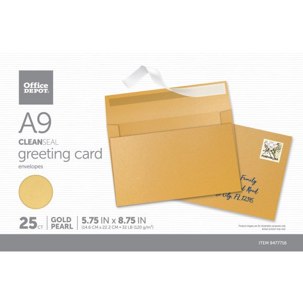 slide 3 of 5, Office Depot Brand Clean Seal Greeting Card Envelopes, A9, 5-3/4'' X 8-3/4'', Gold Pearl, Box Of 25 Envelopes, 25 ct