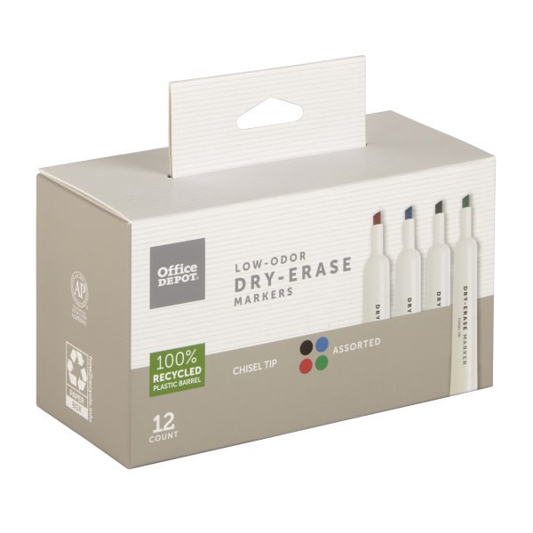 slide 7 of 8, Office Depot Brand Low-Odor Dry-Erase Markers, Chisel Point, Assorted, Pack Of 12, 12 ct
