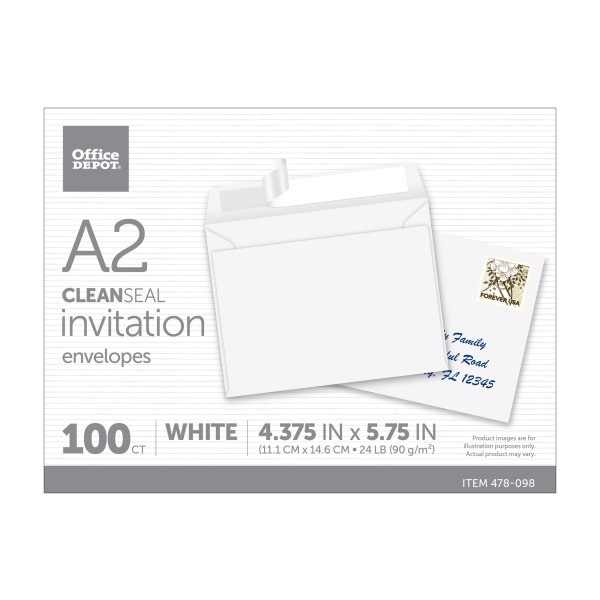 slide 3 of 4, Office Depot Brand Invitation Envelopes, A2, Clean Seal, White, 100 ct; 4 3/8 in x 5 3/4 in