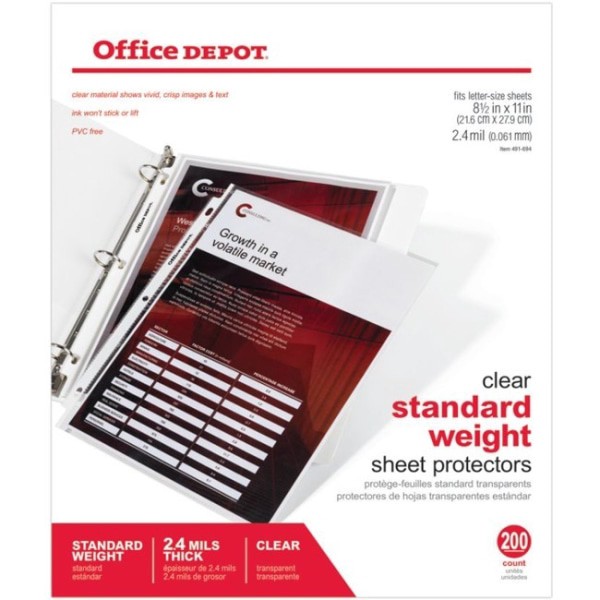 slide 2 of 5, Office Depot Brand Standard Weight Sheet Protectors, Clear, 200 ct; 8 1/2 in x 11 in