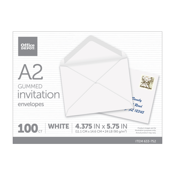 slide 3 of 5, Office Depot Brand Invitation Envelopes, A2, White, 100 ct; 4 3/8 in x 5 3/4 in