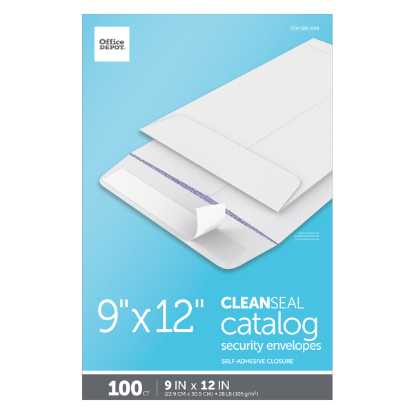 slide 3 of 4, Office Depot Brand Clean Seal Catalog Envelopes, 9'' X 12'', White With Security Tint, Pack Of 100, 100 ct