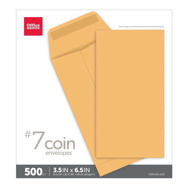 slide 2 of 4, Office Depot Brand Coin Envelopes, #7 Brown Kraft, 500 ct; 3 1/2 in x 6 1/2 in