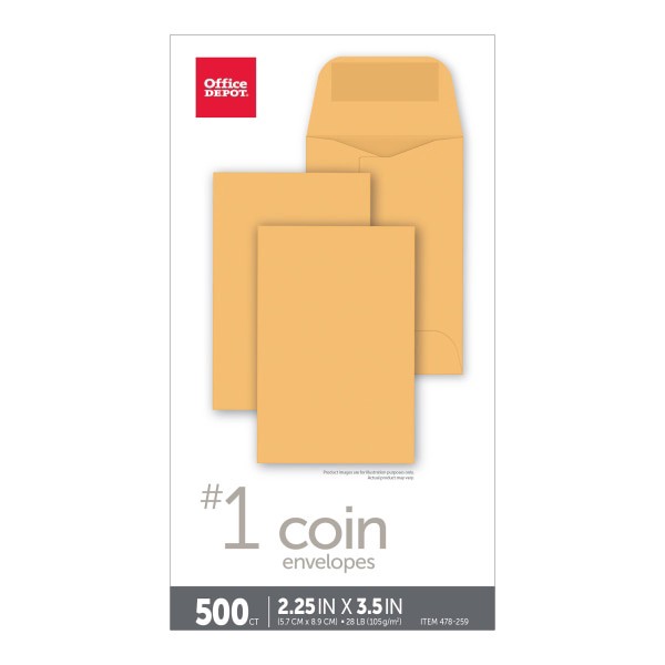 slide 3 of 4, Office Depot Brand Coin Envelopes, #1 Brown Kraft, 500 ct; 2 1/4 in x 3 1/2 in