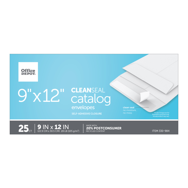 slide 2 of 4, Office Depot Brand Clean Seal Catalog Envelopes, 9'' X 12'', White, Pack Of 25, 25 ct