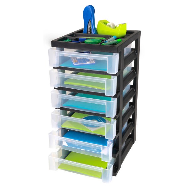 slide 3 of 3, Office Depot Brand Plastic Storage Cart, 6 Drawers, Black, 26 7/16 in x 12 1/16 in x 14 1/4 in