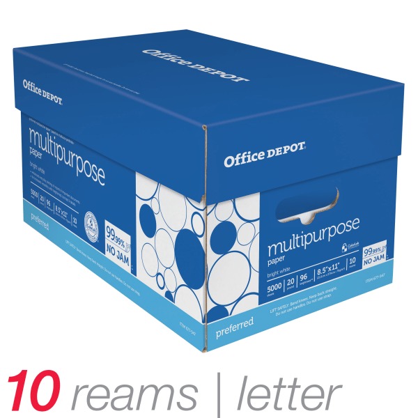 slide 2 of 10, Office Depot Brand Multi-Use Paper, Letter Size (8-1/2'' X 11''), 96 (U.S.) Brightness, Ream Of 500 Sheets, Case Of 10 Reams, 500 ct