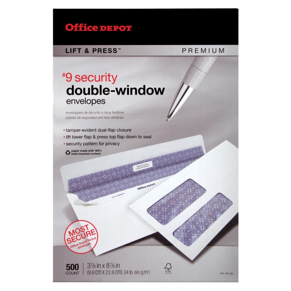 slide 4 of 4, Office Depot Brand 100% Recycled Lift & Press Premium Double-Window Envelopes, #9 White, 500 ct; 3 7/8 in x 8 7/8 in