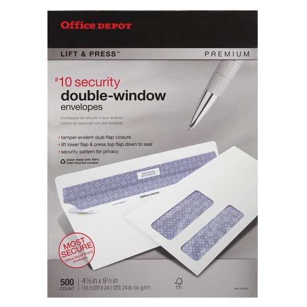 slide 3 of 4, Office Depot Brand 100% Recycled Lift & Press Premium Double-Window Envelopes, #10 White, 500 ct; 4 1/8 in x 9 1/2 in