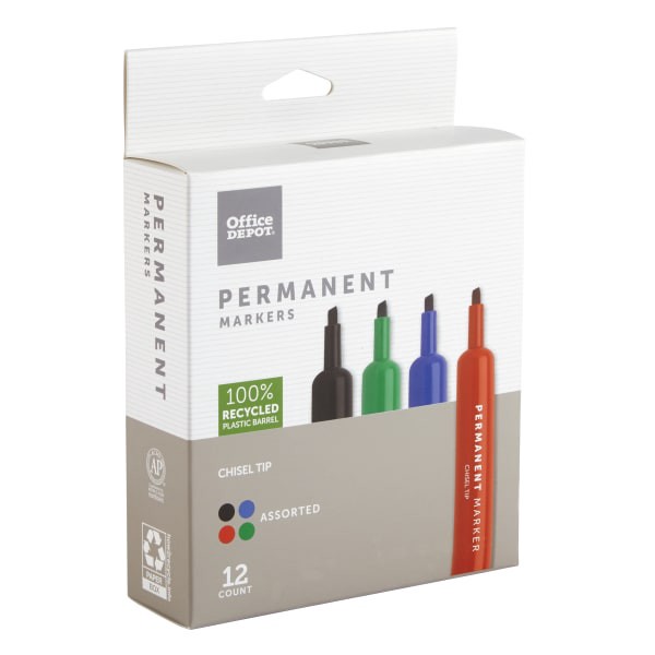 slide 6 of 7, Office Depot Brand Permanent Markers, Chisel Point, 100% Recycled, Assorted Ink Colors, Pack Of 12, 12 ct