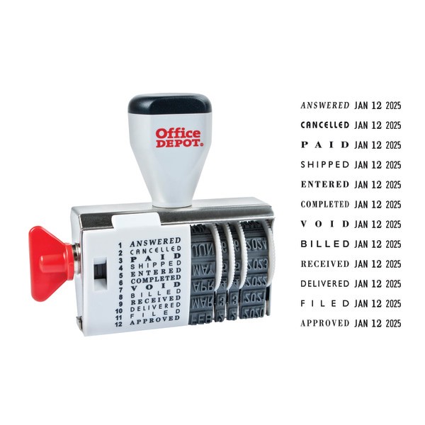 slide 2 of 2, Office Depot Message Date Stamp Dater Answered, Cancelled, Paid, Shipped, Entered, Completed, Void, Billed, Received, Delivered, Filed, Approved Stamp, Dial-N-Stamp Traditional Style Message Date Stamp Dater, 1 ct