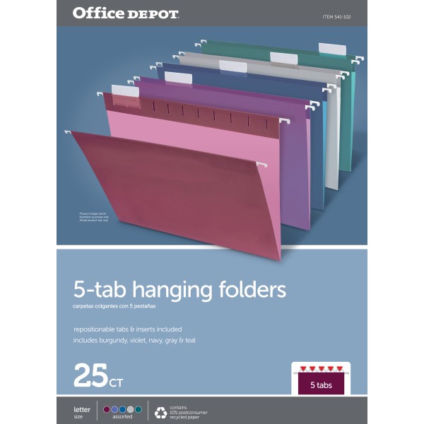 slide 3 of 3, Office Depot Brand 2-Tone Hanging File Folders, 1/5 Cut, 8 1/2'' X 11'', Letter Size, Assorted Colors, Box Of 25 Folders, 25 ct