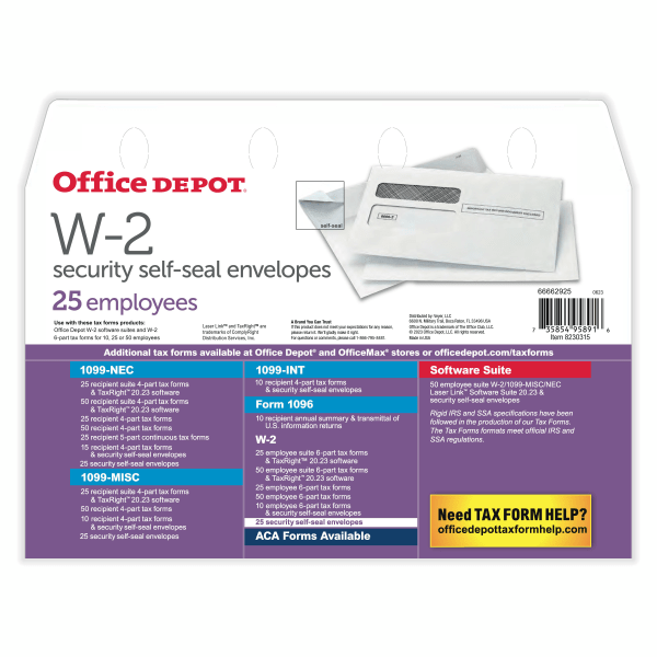slide 2 of 2, Office Depot Brand Double-Window Self-Seal Envelopes For W-2 Tax Forms, White, 25 ct; 5 5/8 in x 9 in