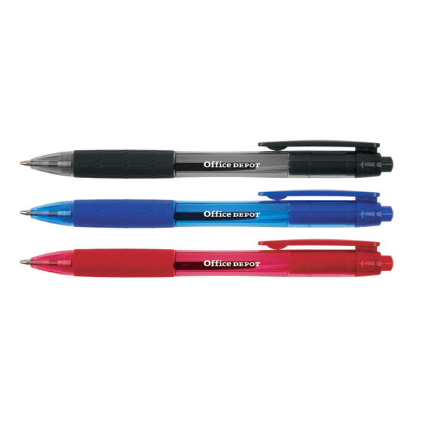 slide 4 of 5, Office Depot Retractable Ballpoint Pens with Grips, Medium Point, 1.0 mm, Black/Blue/Red Barrels, Black/Blue/Red Inks, 50 ct
