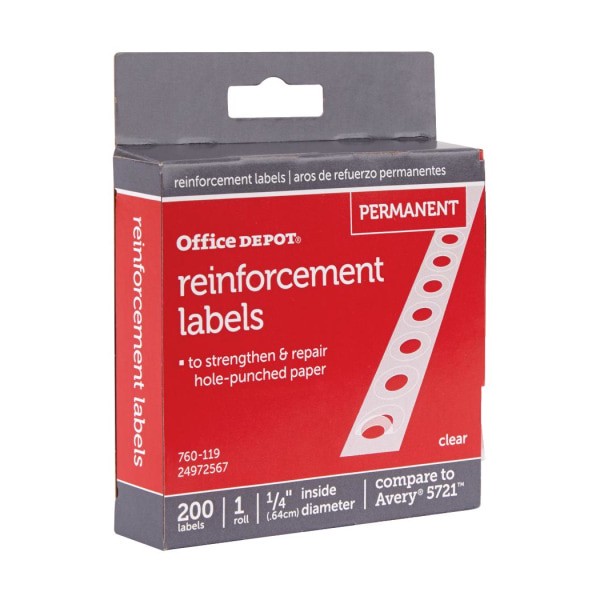 slide 2 of 3, Office Depot Brand Permanent Self-Adhesive Reinforcement Labels, 1/4'' Diameter, Clear, Pack Of 200, 200 ct