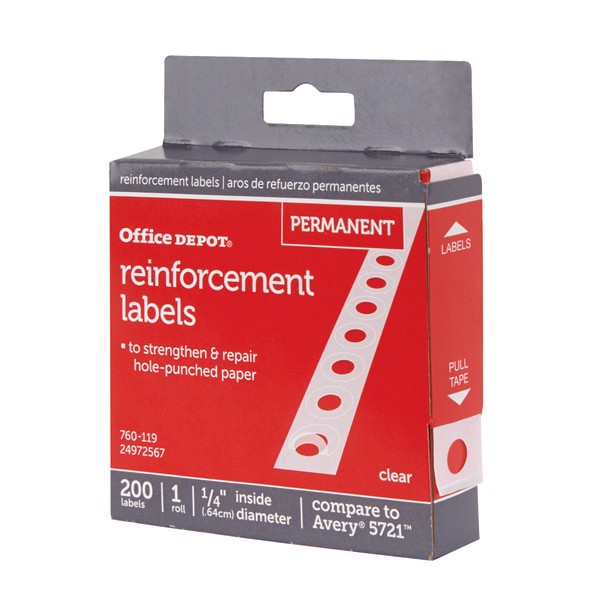 slide 3 of 3, Office Depot Brand Permanent Self-Adhesive Reinforcement Labels, 1/4'' Diameter, Clear, Pack Of 200, 200 ct