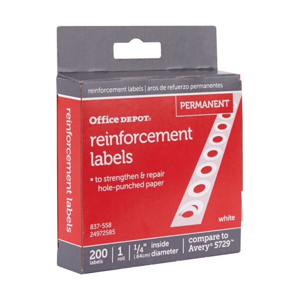 slide 2 of 3, Office Depot Brand Permanent Self-Adhesive Reinforcement Labels, 1/4'' Diameter, White, Pack Of 200, 200 ct