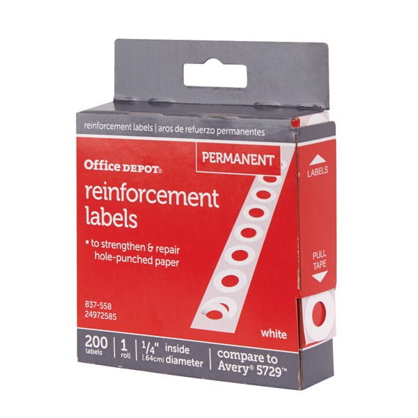 slide 3 of 3, Office Depot Brand Permanent Self-Adhesive Reinforcement Labels, 1/4'' Diameter, White, Pack Of 200, 200 ct