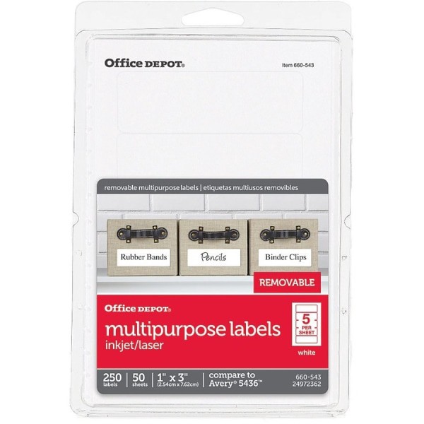 slide 2 of 4, Office Depot Brand Removable Inkjet/Laser Labels, Od98799, 1'' X 3'', White, Pack Of 250, 250 ct
