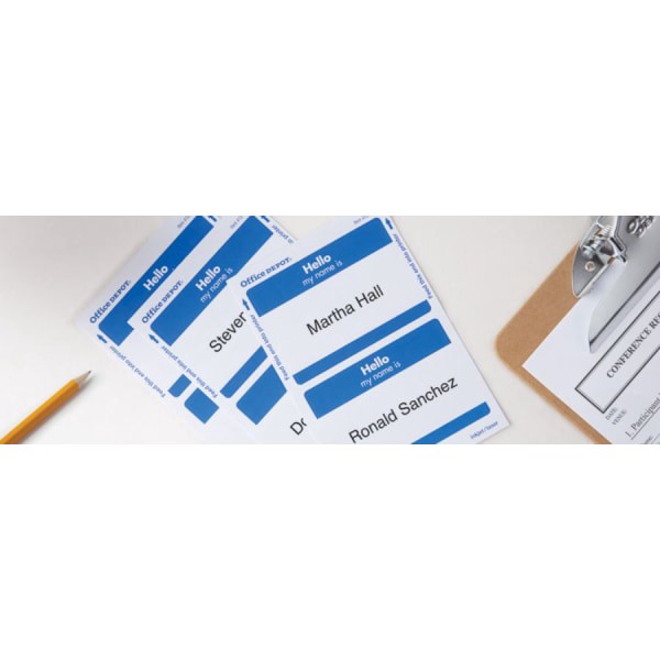 slide 2 of 2, Office Depot Brand Hello Name Badge Labels, Blue Border, 100 ct; 2 11/32 in x 3 3/8 in