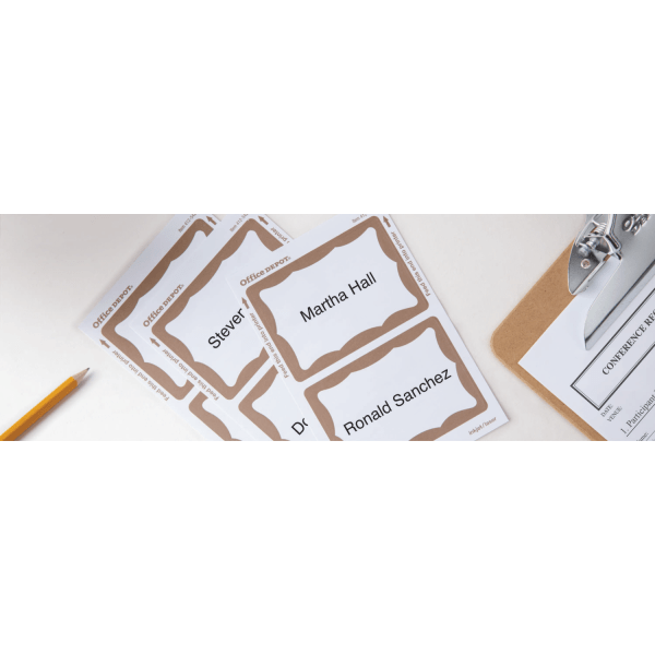 slide 2 of 2, Office Depot Brand Name Badge Labels, Gold Border, 100 ct; 2 11/32 in x 3 3/8 in