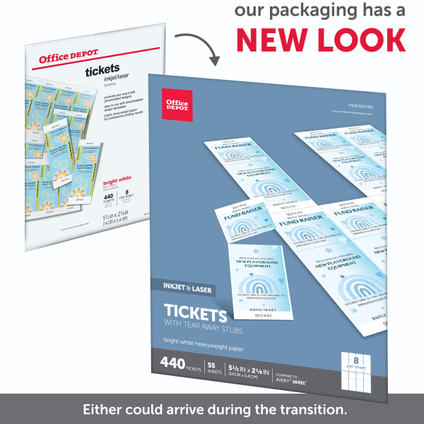 slide 4 of 6, Office Depot Brand Inkjet/Laser Tickets, Bright White, 440 ct; 5 1/2 in x 2 1/8 in