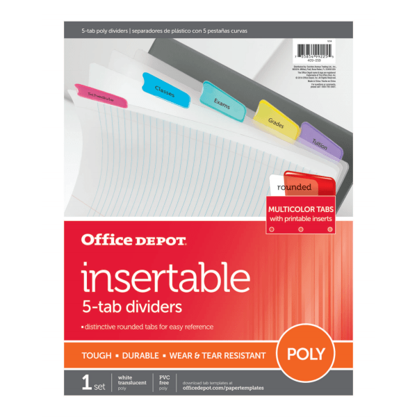 slide 2 of 2, Office Depot Brand Plastic Dividers With Insertable Rounded Tabs, Assorted Colors, 5-Tab, 1 ct