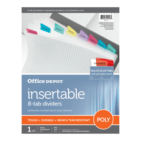 slide 2 of 2, Office Depot Brand Plastic Dividers With Insertable Rounded Tabs, Assorted Colors, 8-Tab, 1 ct