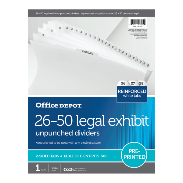 slide 2 of 2, Office Depot Brand Legal Index Exhibit Unpunched Dividers With Laminated Tabs, Black/White, Numbered 26-50, 1 ct
