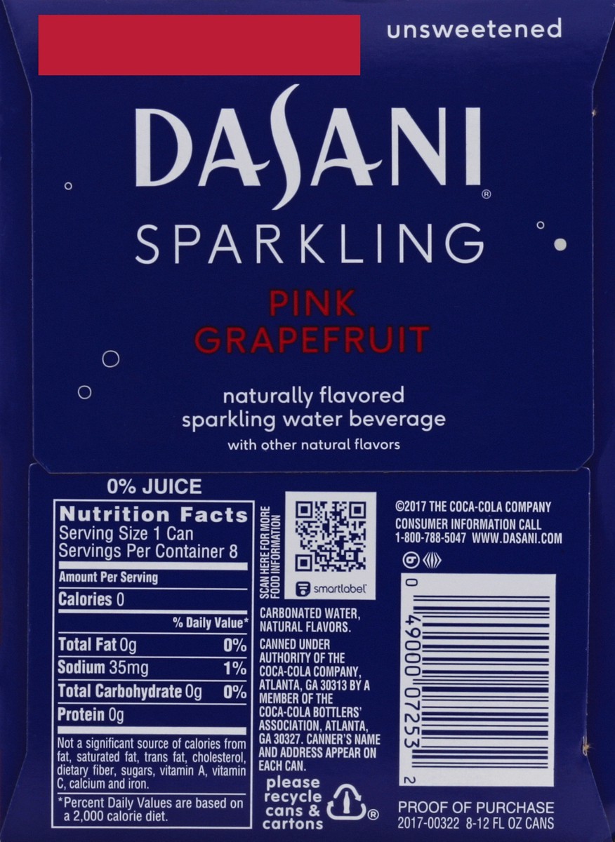slide 2 of 6, DASANI Sparkling Water Pink Grapefruit Zero Calories, 12 fl oz, 8 Pack, 96 fl oz