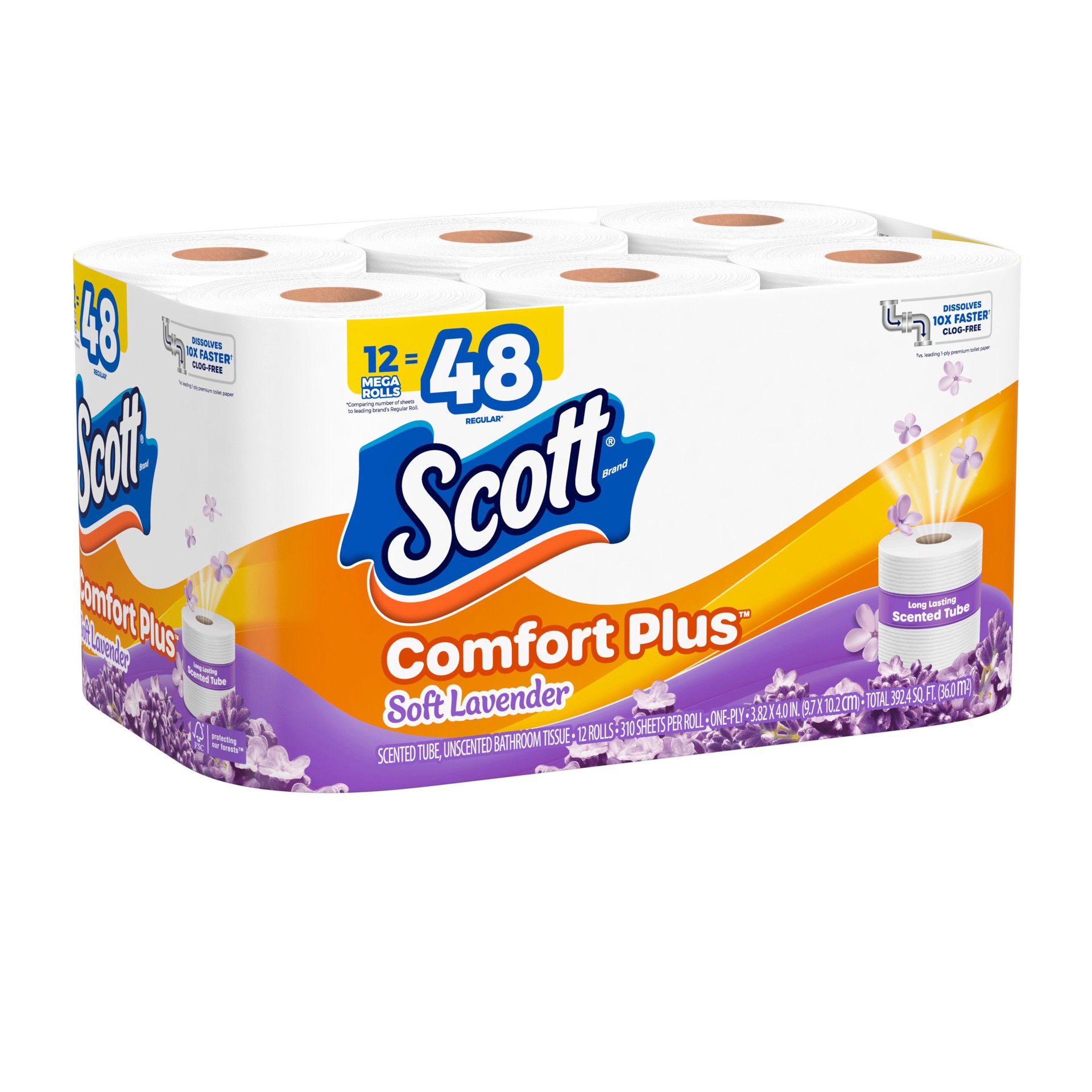 slide 3 of 7, Scott ComfortPlus Toilet Paper with Soft Lavender Scented Tube, 12 Mega Rolls, 310 Sheets per Roll, Septic-Safe, 1-Ply Toilet Tissue, 12 ct