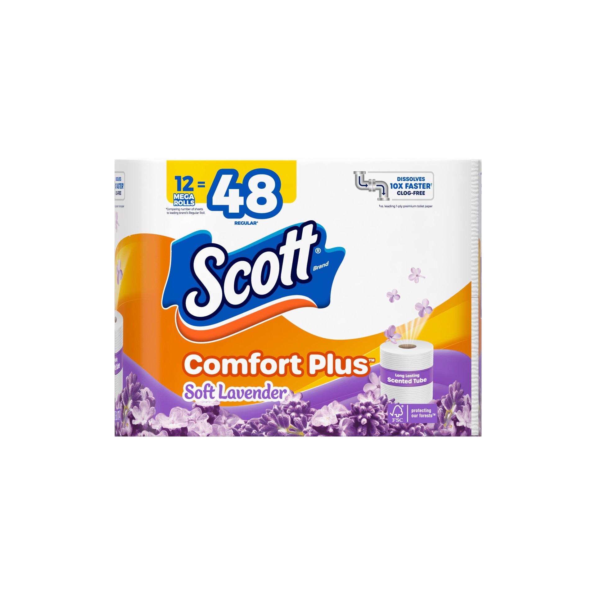 slide 6 of 7, Scott ComfortPlus Toilet Paper with Soft Lavender Scented Tube, 12 Mega Rolls, 310 Sheets per Roll, Septic-Safe, 1-Ply Toilet Tissue, 12 ct