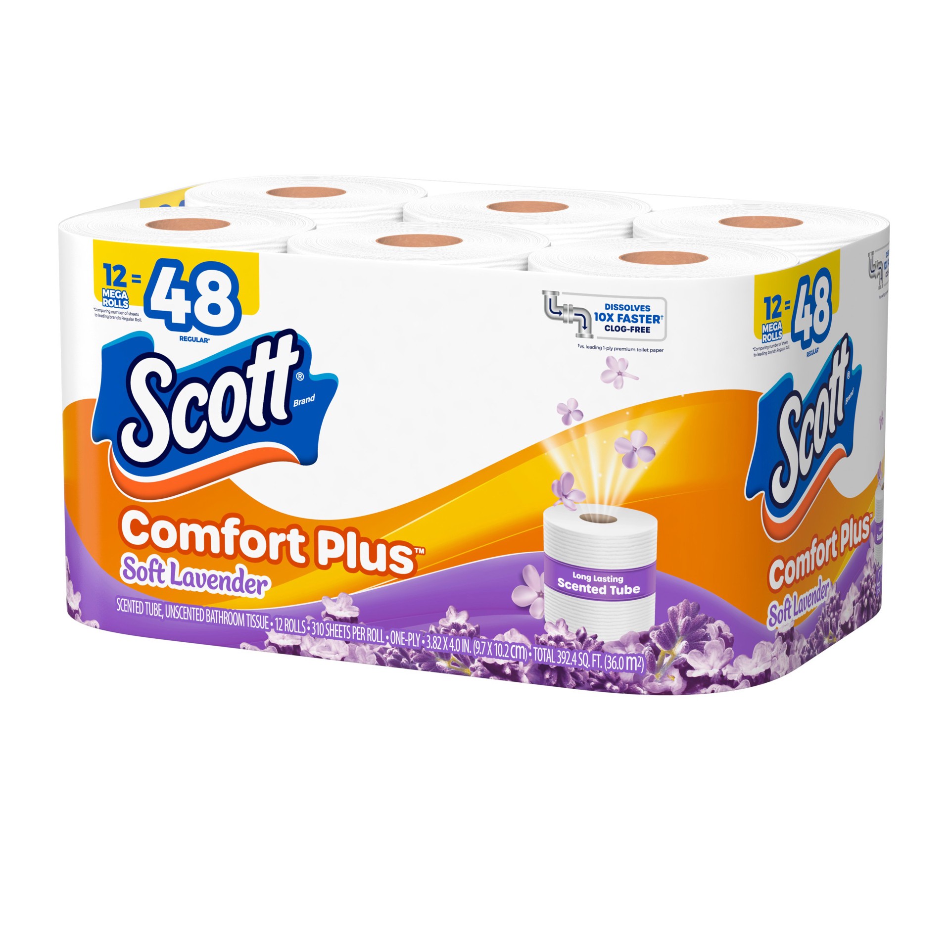 slide 7 of 7, Scott ComfortPlus Toilet Paper with Soft Lavender Scented Tube, 12 Mega Rolls, 310 Sheets per Roll, Septic-Safe, 1-Ply Toilet Tissue, 12 ct