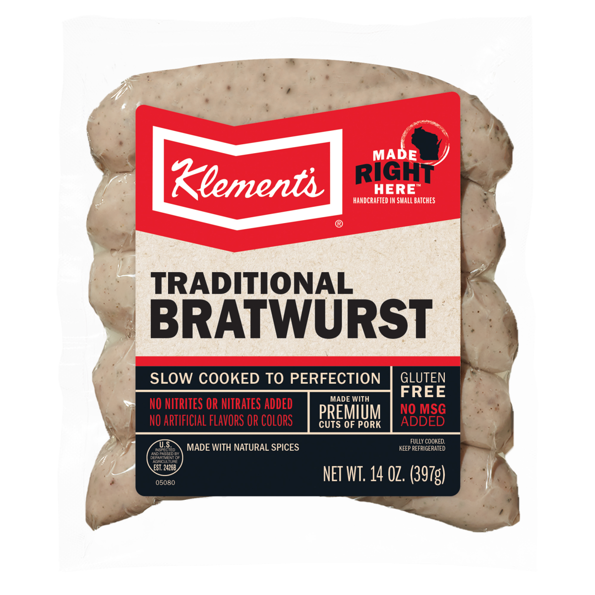 slide 1 of 5, Klements Bratwurst Cooked, 14 oz