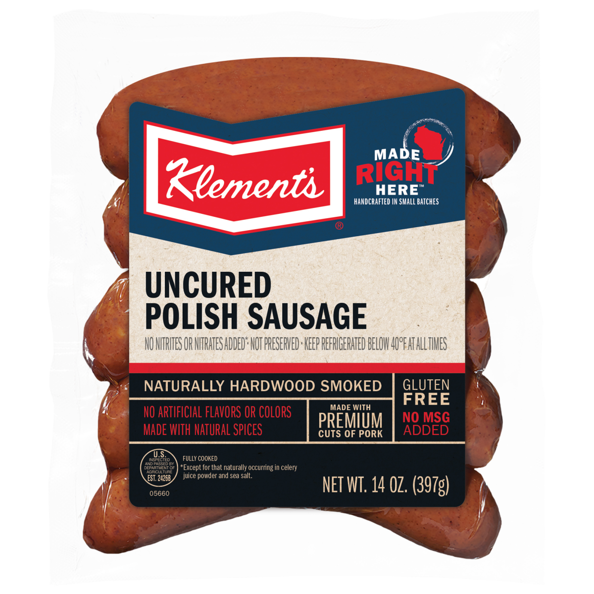 slide 1 of 5, KLEMENTS UNCURED POLISH SAUSAGE, 14 oz