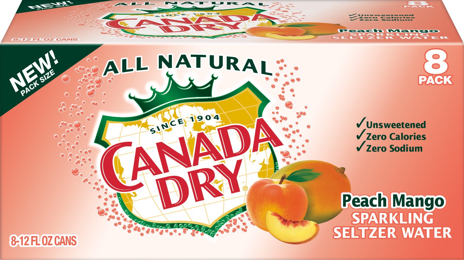 slide 1 of 3, Canada Dry Peach Mango Sparkling Seltzer Water, 12 fl oz cans, 8 pack, 8 ct