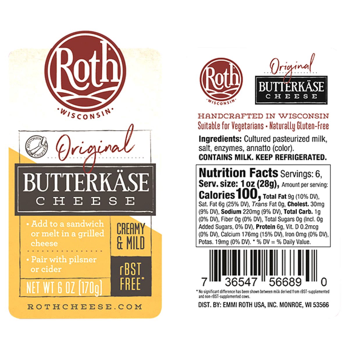 slide 2 of 2, Roth Cheese, Butterkase, Original, 6 oz