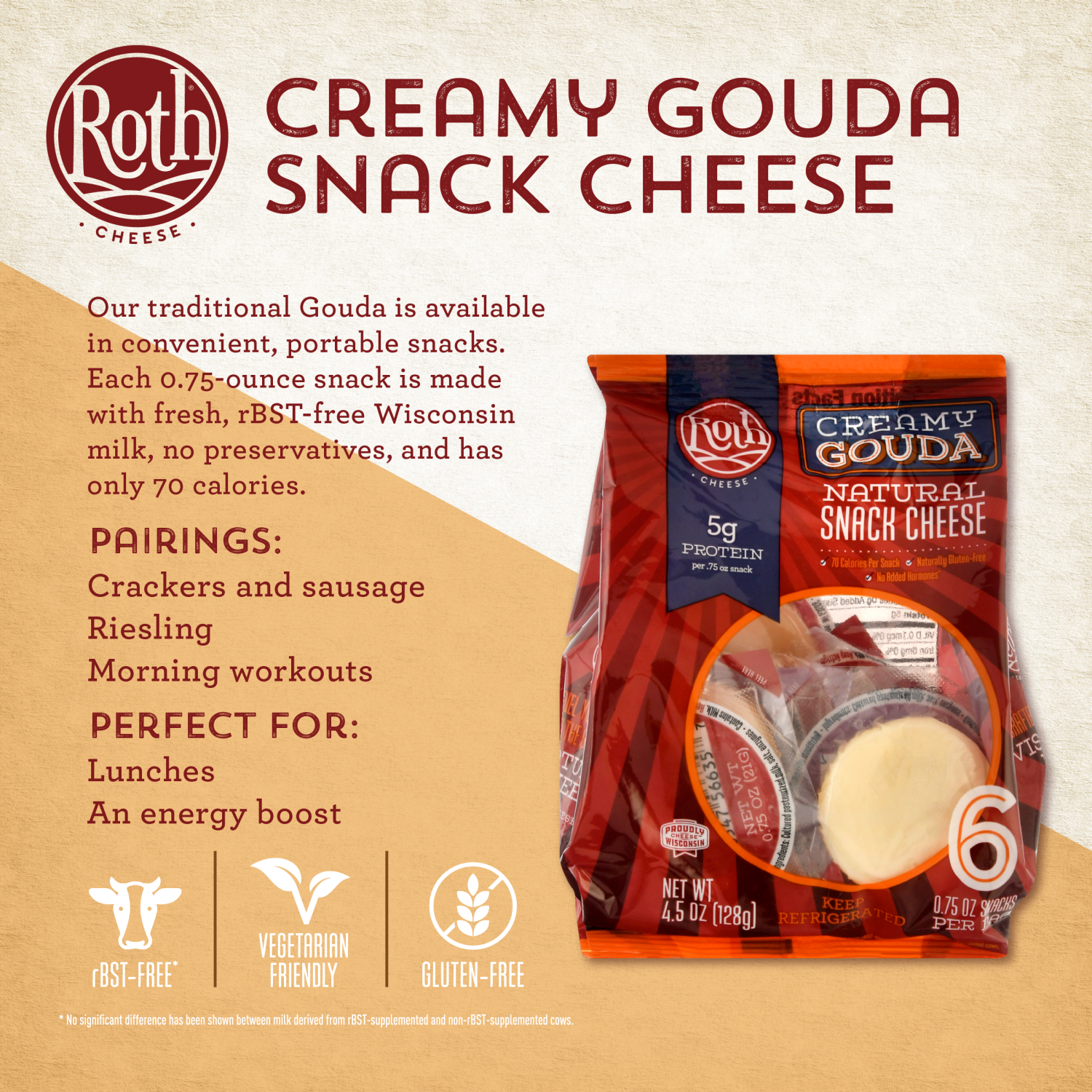 slide 4 of 5, Roth Snack Cheese, Natural, Creamy Gouda, 6 ct