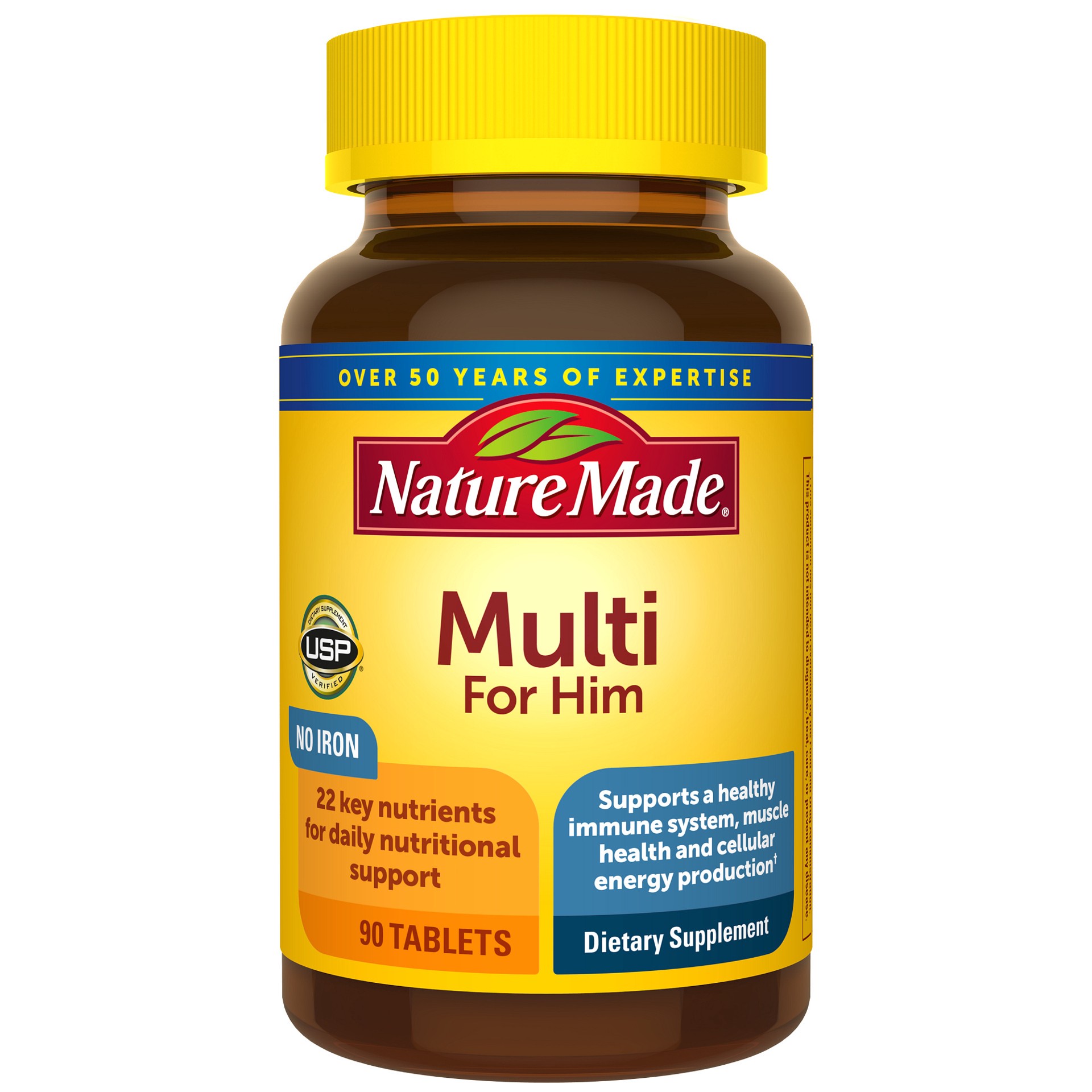 slide 1 of 4, Nature Made Multivitamin For Him with No Iron, Mens Multivitamins for Daily Nutritional Support, Multivitamin for Men, 90 Tablets, 90 Day Supply, 90 ct