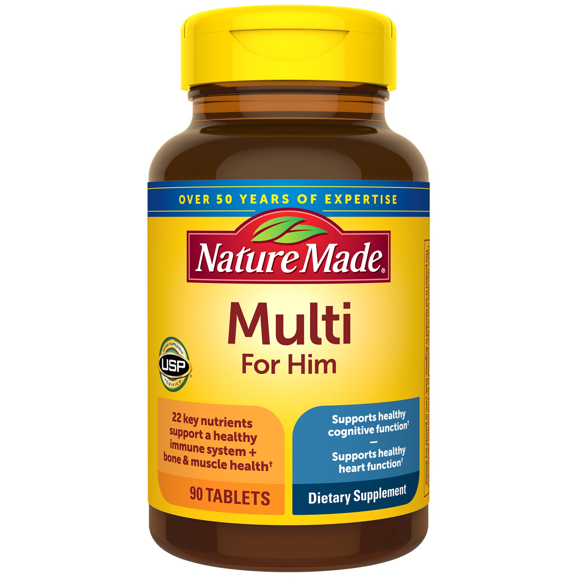 slide 1 of 4, Nature Made Multivitamin For Him with No Iron, Mens Multivitamins for Daily Nutritional Support, Multivitamin for Men, 90 Tablets, 90 Day Supply, 90 ct