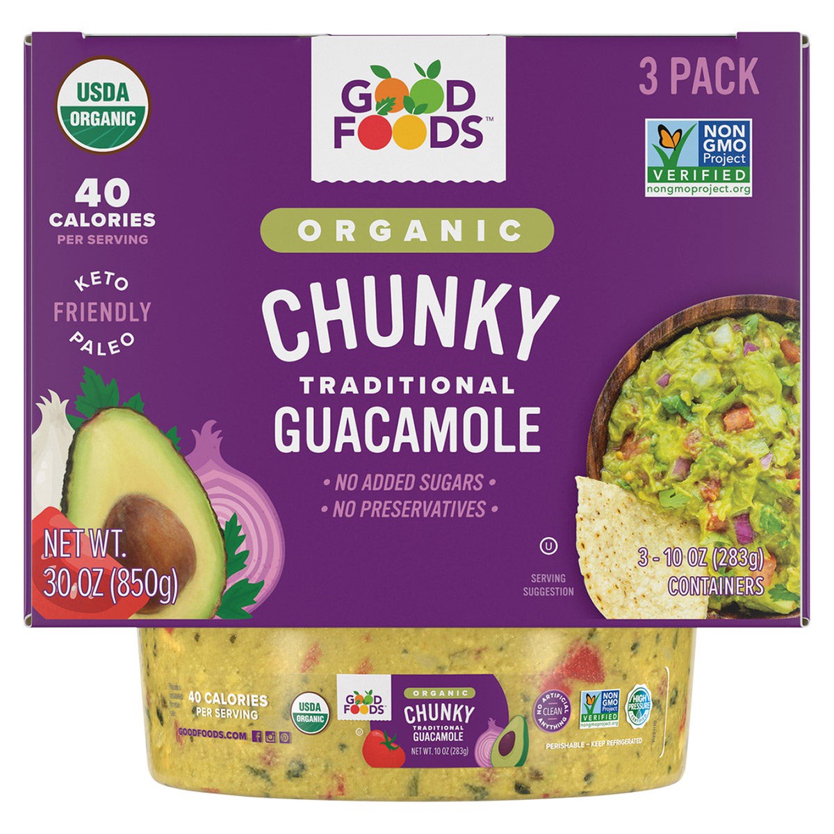 slide 1 of 1, Good Foods Organic Chunky Guacamole, 10 oz, 3 count, 