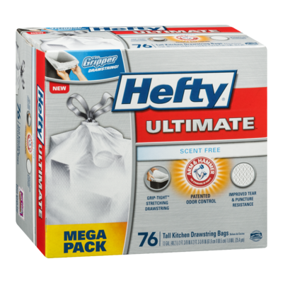 slide 1 of 1, Hefty Ultimate­ Flex Scent Free Tall Kitchen Drawstring 13 Gallon Garbage Bags, 76 ct; 13 gal