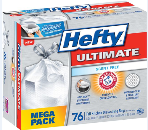 slide 1 of 1, Hefty Ultimate­ Flex Scent Free Tall Kitchen Drawstring 13 Gallon Garbage Bags, 76 ct; 13 gal