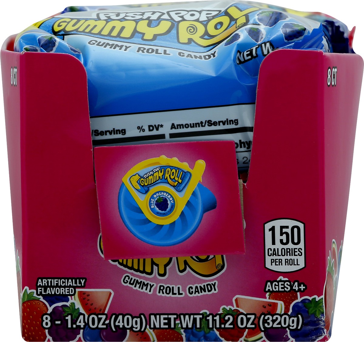 slide 1 of 3, Push Pop Blue Raspberry Gummy Roll Candy 8 ea, 8 ct